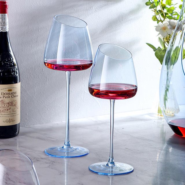 Luxury Handmade Crystal Goblet Glass Blue Colored Slanted Wine Glassware