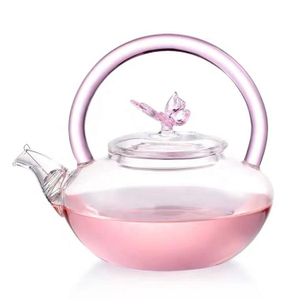 Handmade Glass Tea Pot with Pink Handle and Butterfly Lid