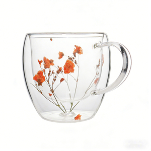 Double Layer Insulated Dried Flowers Inside Glass Coffee Mug