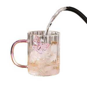 Butterfly Decor Glass Mug With Pink Handle Glass Cup For Hot/Cold Drinks