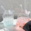 INS Style 400ml Glassware Eco Friendly Reusable Clear Cute Butterfly Bubble Glass Tea Cups With Glass Lid And Straw