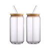 Transparent Beer Can-shaped Glass Cup With Bamboo Lid And Straw
