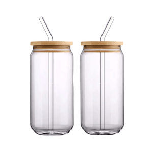Transparent Beer Can-shaped Glass Cup With Bamboo Lid And Straw