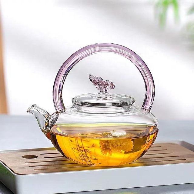 Handmade Glass Tea Pot with Pink Handle and Butterfly Lid