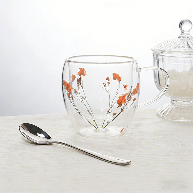 Double Layer Insulated Dried Flowers Inside Glass Coffee Mug
