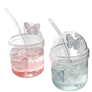 INS Style 400ml Glassware Eco Friendly Reusable Clear Cute Butterfly Bubble Glass Tea Cups With Glass Lid And Straw