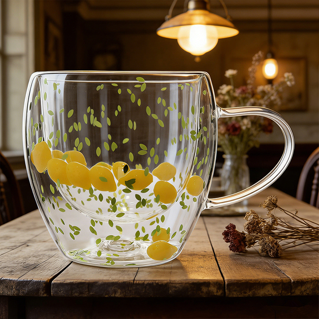 High Borosilicate Glass Double Wall Cups With Lemon Decor Fillings