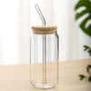 Transparent Beer Can-shaped Glass Cup With Bamboo Lid And Straw