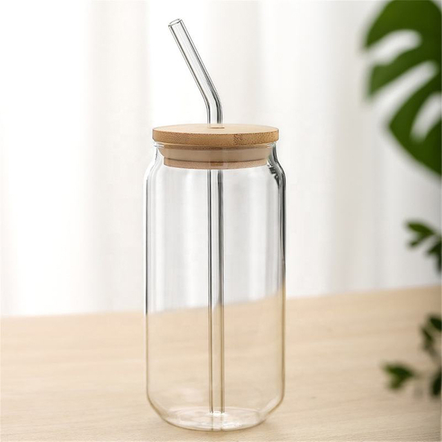 Transparent Beer Can-shaped Glass Cup With Bamboo Lid And Straw