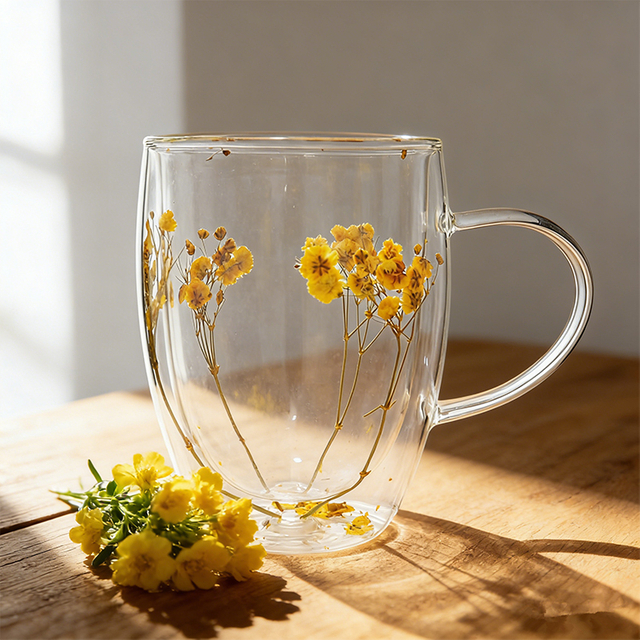 Double Wall Glass Coffee Cups With Filling Dried Flowers