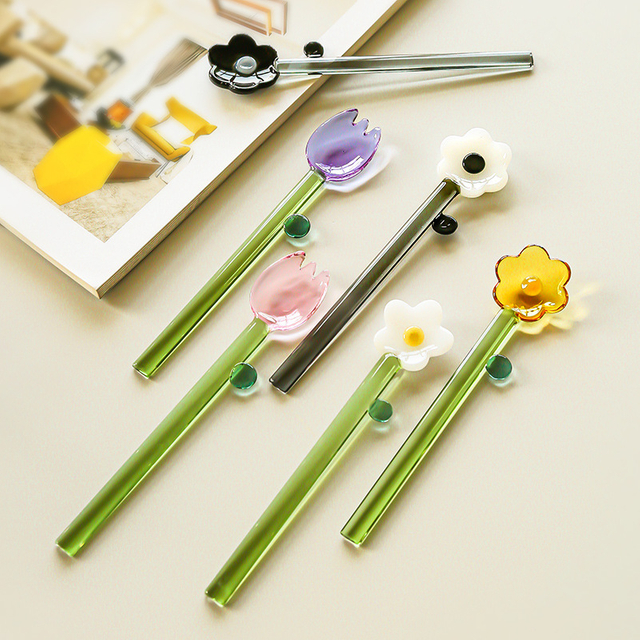 Flower Shape Colored Glass Stirring Spoon for Coffee