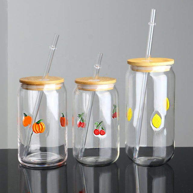 3D Decorated Clear Glass Tumbler Barware Cups Transfer Printing Ice Coffee Soda Beer Coke Can Shaped Glass With Glass Straw