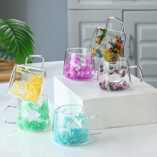 Double Wall Glass Mugs With Real Flowers Filling 