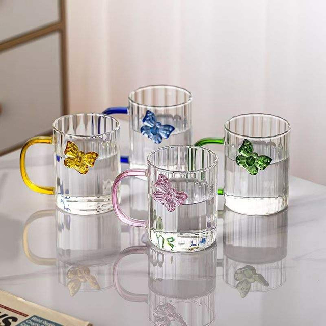 Butterfly Decor Glass Mug With Pink Handle Glass Cup For Hot/Cold Drinks