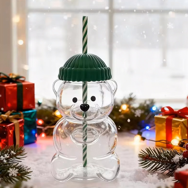 Cute Teddy Bear Shaped Glass Cup With Lid And Straw