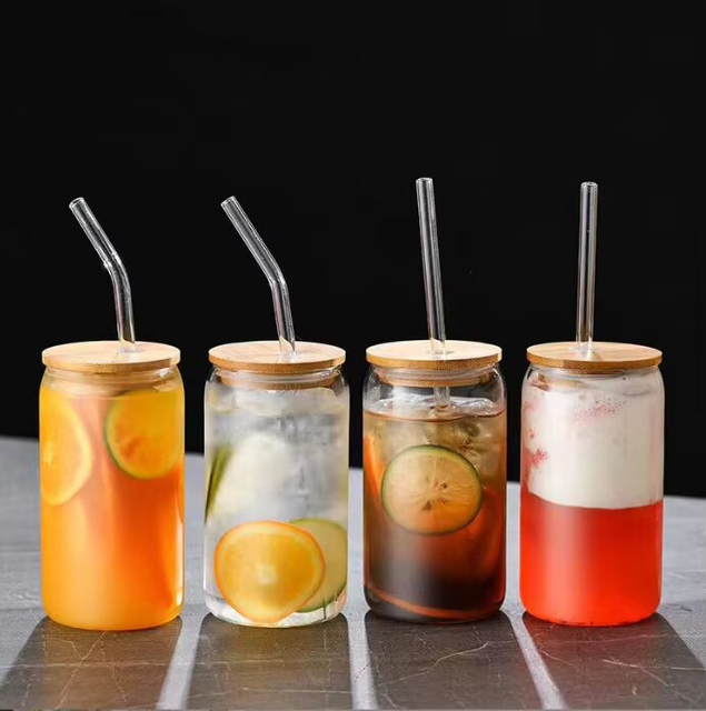 High Borosilicate Beverage Cola Cup with Straw and Wood Cover