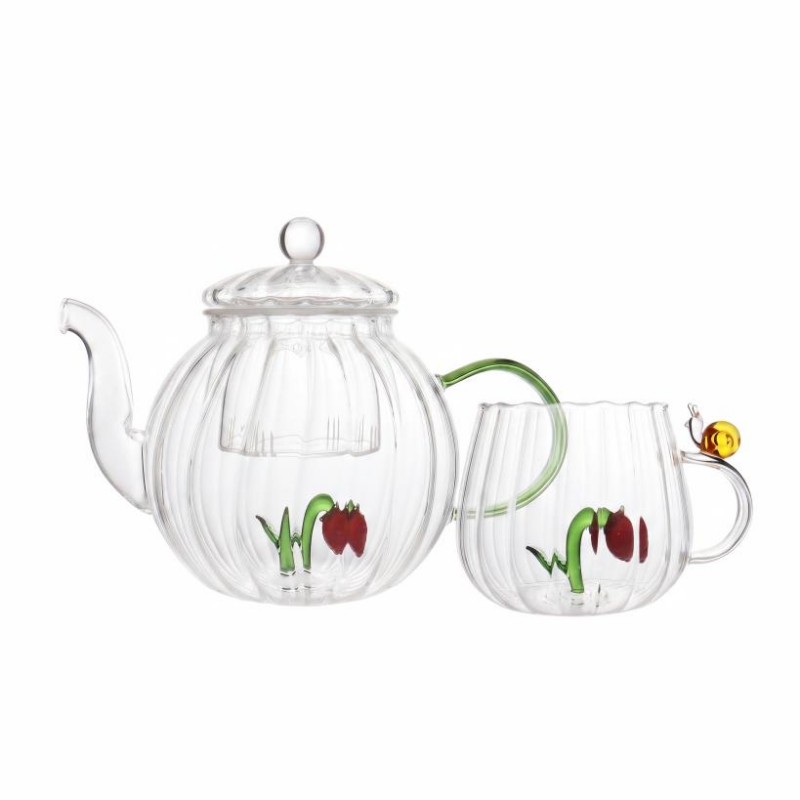 3D Figurine Inside Hand-made Strawberry Glass Mug with Green Handle