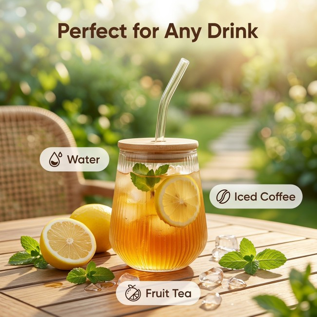 Portable Cold Drink Glass Cup With Straw and Bamboo Lid