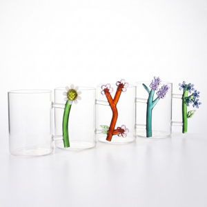 Custom Hand Blown Borosilicate Flower Handle Glass Tumbler Mug
