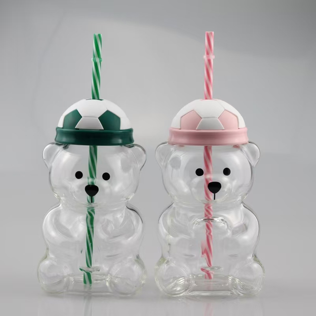 2026 Soccer Bear with Straw and Lid Reusable Glass Water Cup