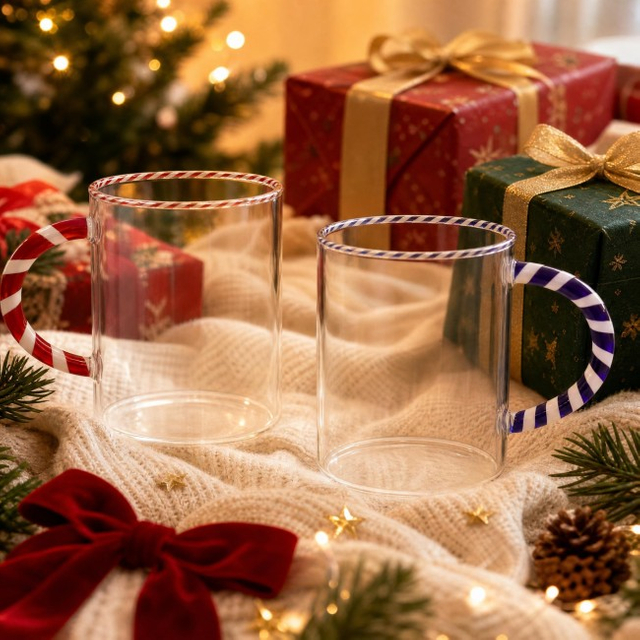 Heat-resistant Two-tone Rim-decorated Glass Cup with Ribbon-wrapped Handle