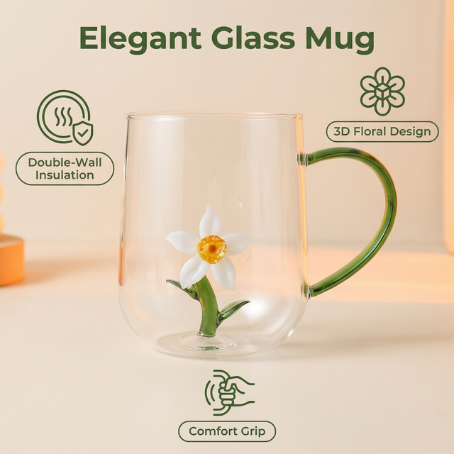 Creative 3D Animal Plant Inside Glass Mug with Green Handle