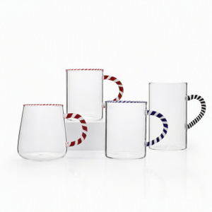 Heat-resistant Two-tone Rim-decorated Glass Cup with Ribbon-wrapped Handle