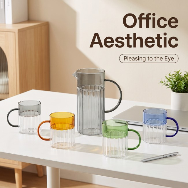 Vertical Ribbed Gradient Glass Mug & Pitcher Set, Non-slip Color Handle
