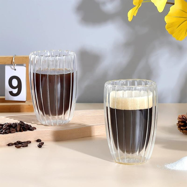 Dual-Layer Egg Shaped Stripped High Borosilicate Glass Coffee Cup