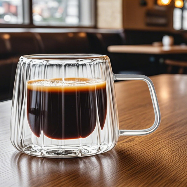 Handmade Classic Design Stripped Borosilicate Glass Double Wall Coffee Mug
