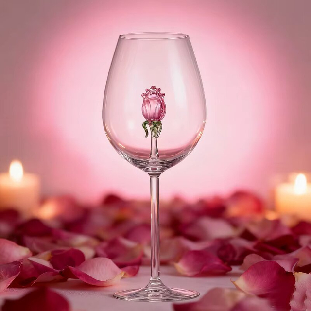 Hand Blown 3D Rose Flower Inside Red Wine Glasses Goblet Cup