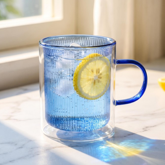 Custom Logo Colored Insulated Double Wall Coffee Glass Mug with Handle