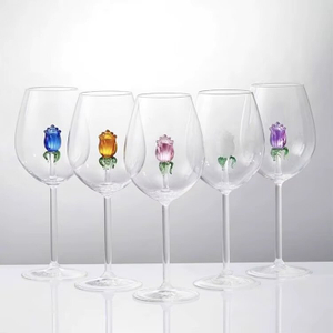 Hand Blown 3D Rose Flower Inside Red Wine Glasses Goblet Cup