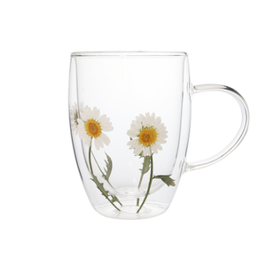 350ml Real Dry Flower Double Wall Glass Coffee Mug with Handle