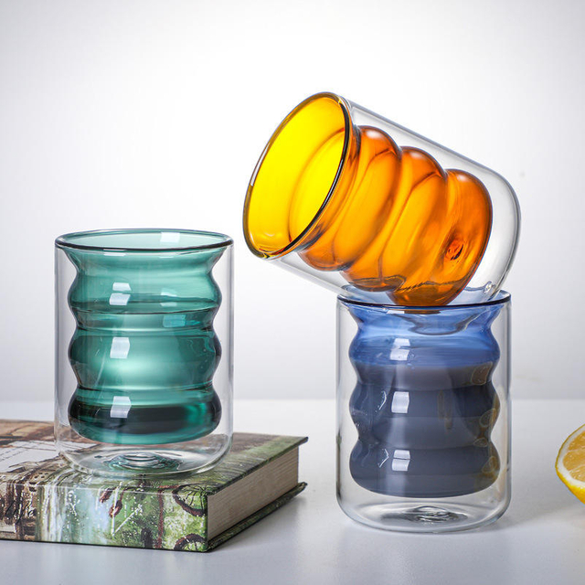 Hand Blown Wave Shaped Double Wall Colored Solid Design Glass Cup