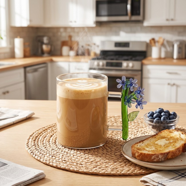 Custom Hand Blown Borosilicate Flower Handle Glass Tumbler Mug