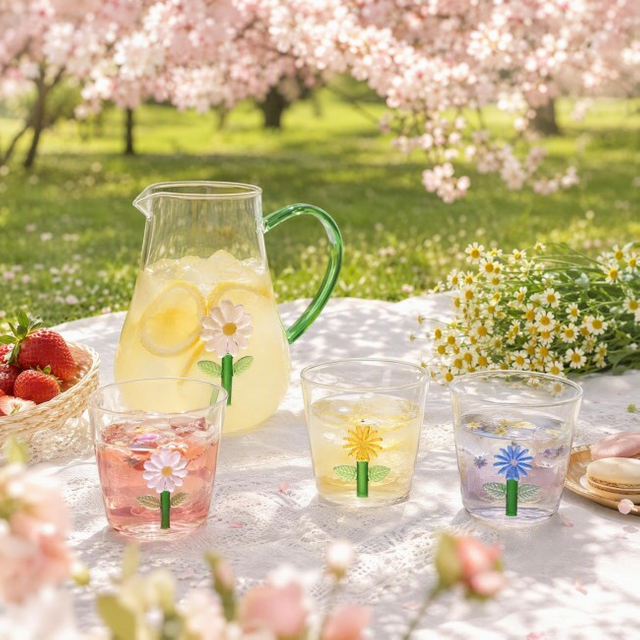 Hand-blown Borosilicate Glass Cup Set with Three-Dimensional Flowers Microwave Safe