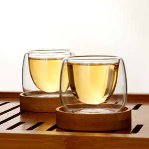 Double Wall 60ml Heat-resistant Kung Fu Tea Cups With Bamboo Plate