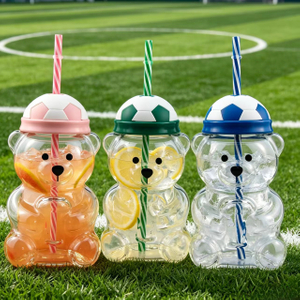 2026 Soccer Bear with Straw and Lid Reusable Glass Water Cup