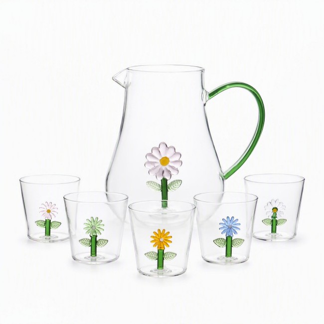 Hand-blown Borosilicate Glass Cup Set with Three-Dimensional Flowers Microwave Safe