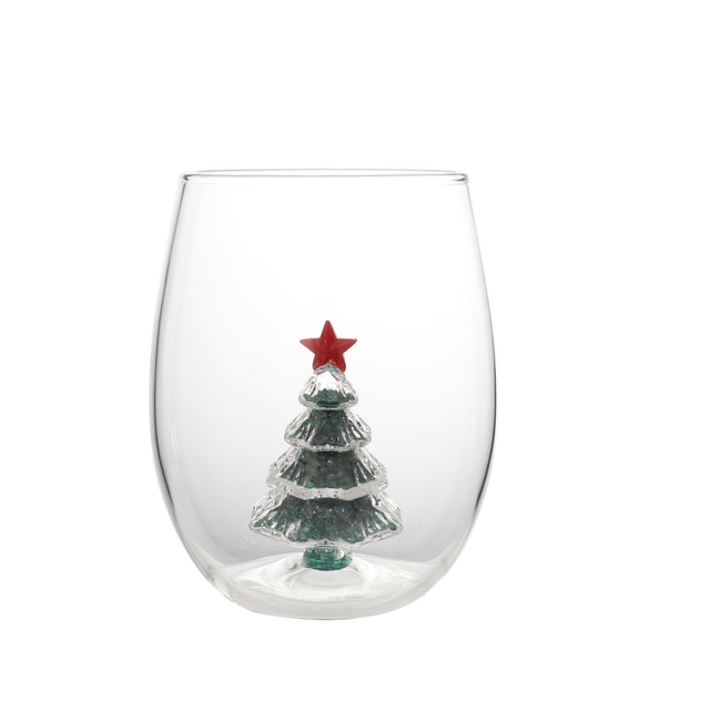 Best Christmas Gift Stemless Wine Glass with 3D Christmas Dec