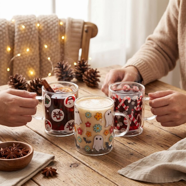 Colorful Printed Pattern Double Wall High Borosilicate Glass Mug